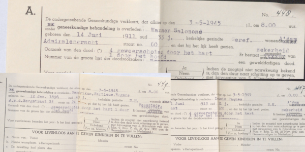 Doodsbriefjes van de drie geëxecuteerde spionnen: Warner Salomons, Teun Pâques en Henk Eggers.