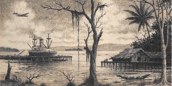 Tekening van de rede van Biak gemaakt door Petrus Marie Oudenaarde, een van de veroordeelde collaborateurs die naar Nieuw-Guinea ging.